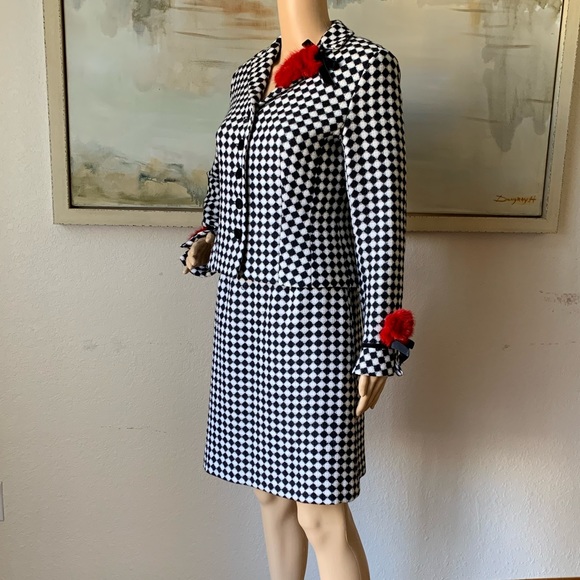 Rickie Freeman for Teri Jon black white with red flower wool tweed skirt suit - Picture 9 of 11